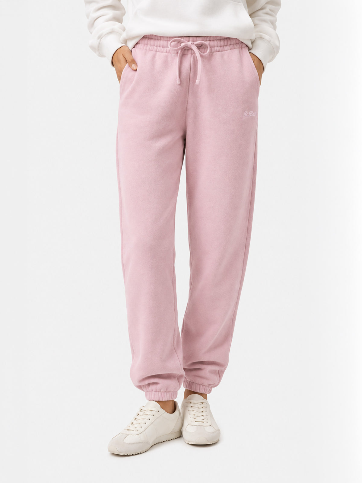 Pantaloni in maglia Odalys rosa con ricamo logo