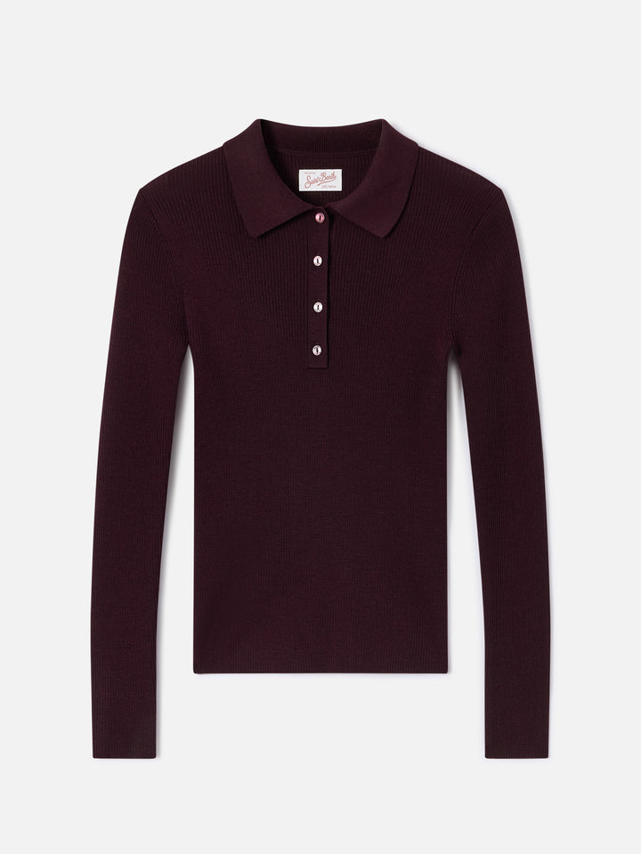 Punto con cuello polo Aubergine Odell en lana merino 
