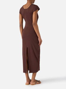 Long Olimpia dress in brown ribbed stretch cotton fabric