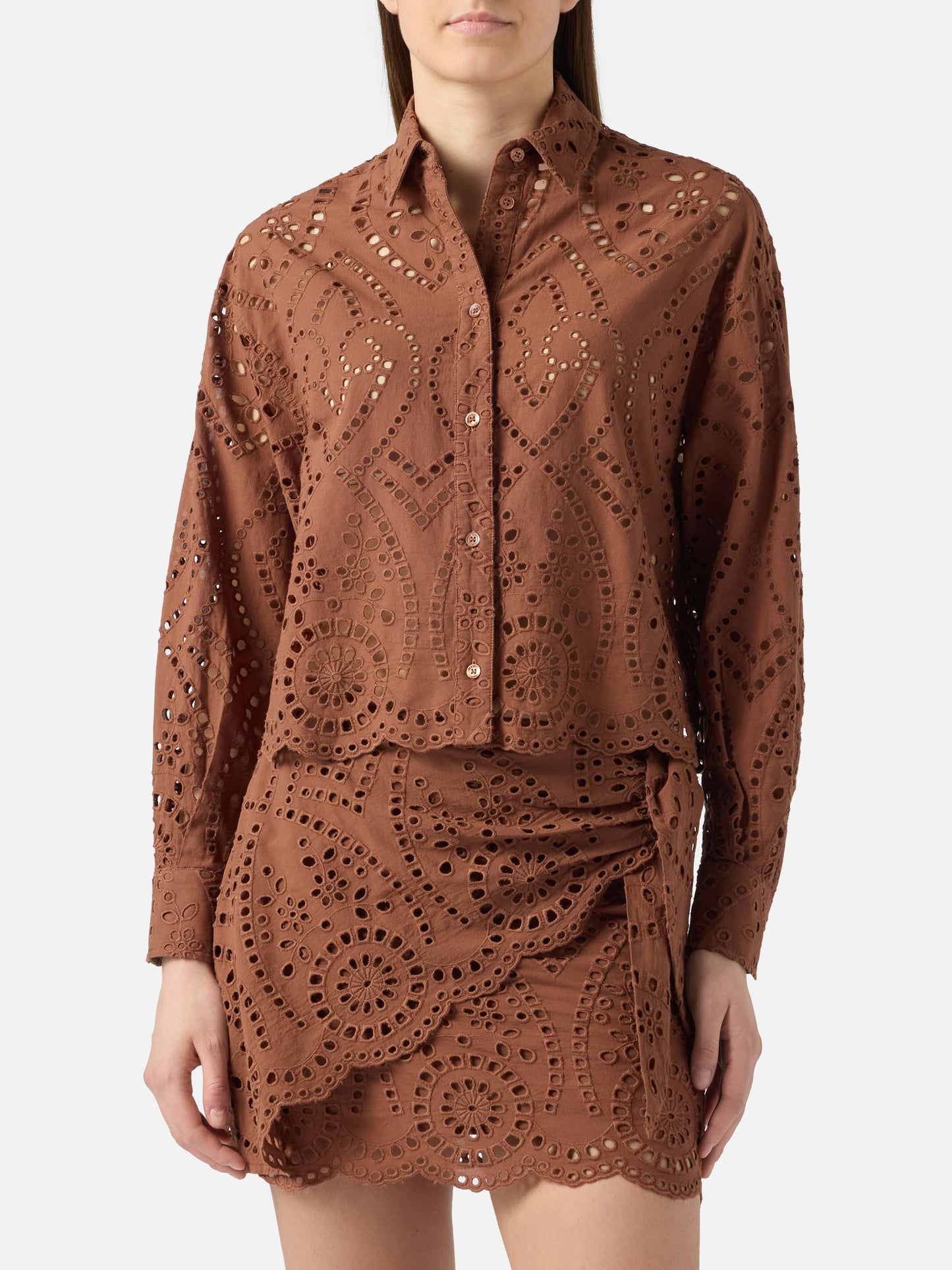 Oriane cropped sangallo cotton shirt in brown