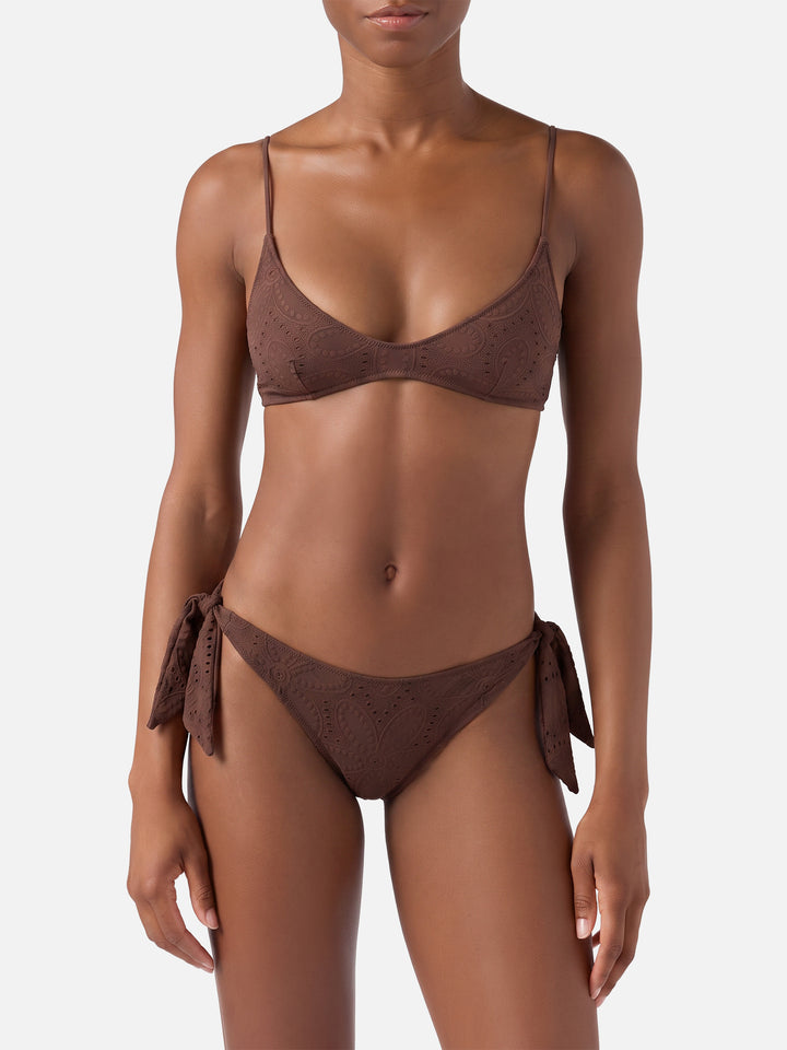 Paloma Yali plunging bralette bikini in brown sangallo lace