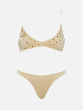 Bralette scollata oro con applicazioni di strass Paloma - Naomi slip mare cheeky oro con grande decorazione di strass