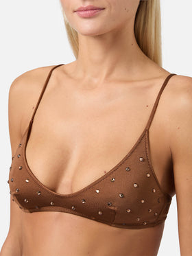Paloma Naomi plunging bralette bikini in brown with rhinestone embellishments