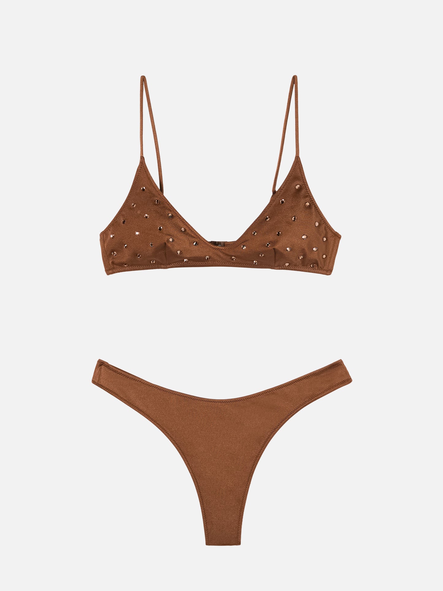 Paloma Naomi plunging bralette bikini in brown with rhinestone embellishments