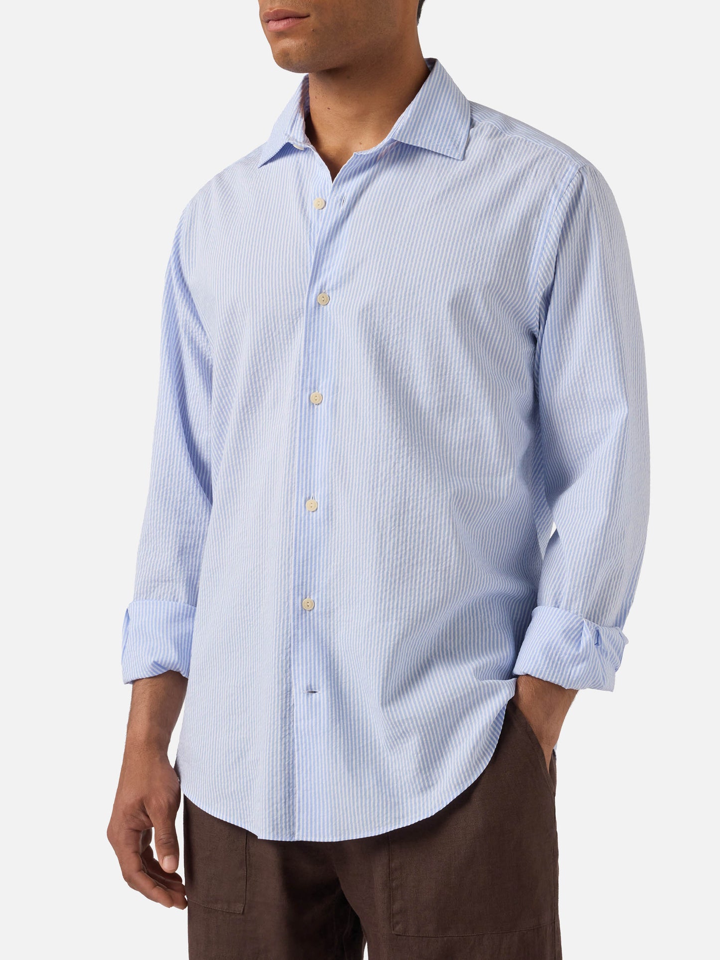 Camisa Pamplona de seersucker a rayas azul claro 