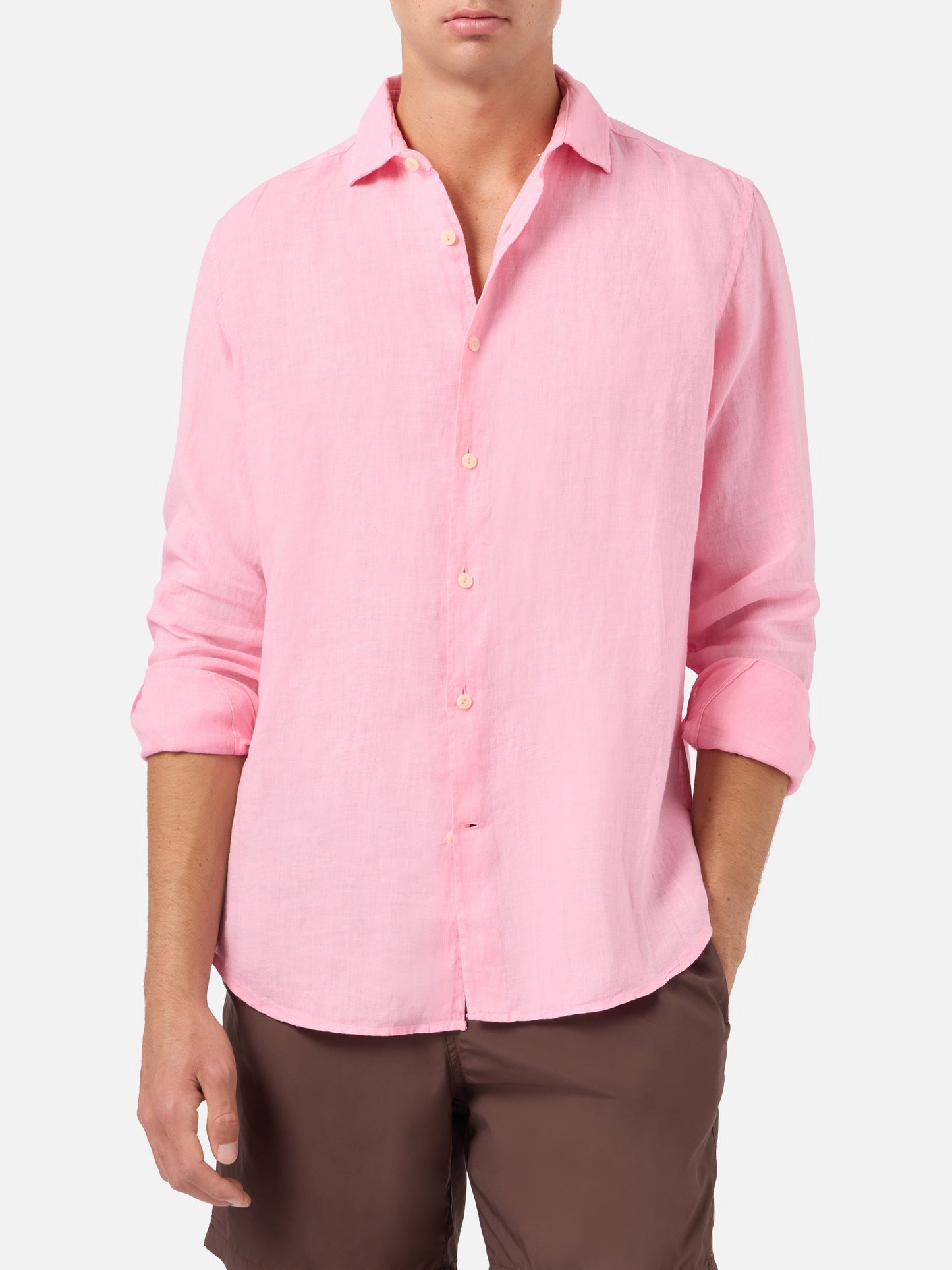 Camicia Pamplona in lino rosa tinta unita