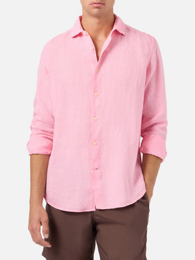 Camicia Pamplona in lino rosa tinta unita