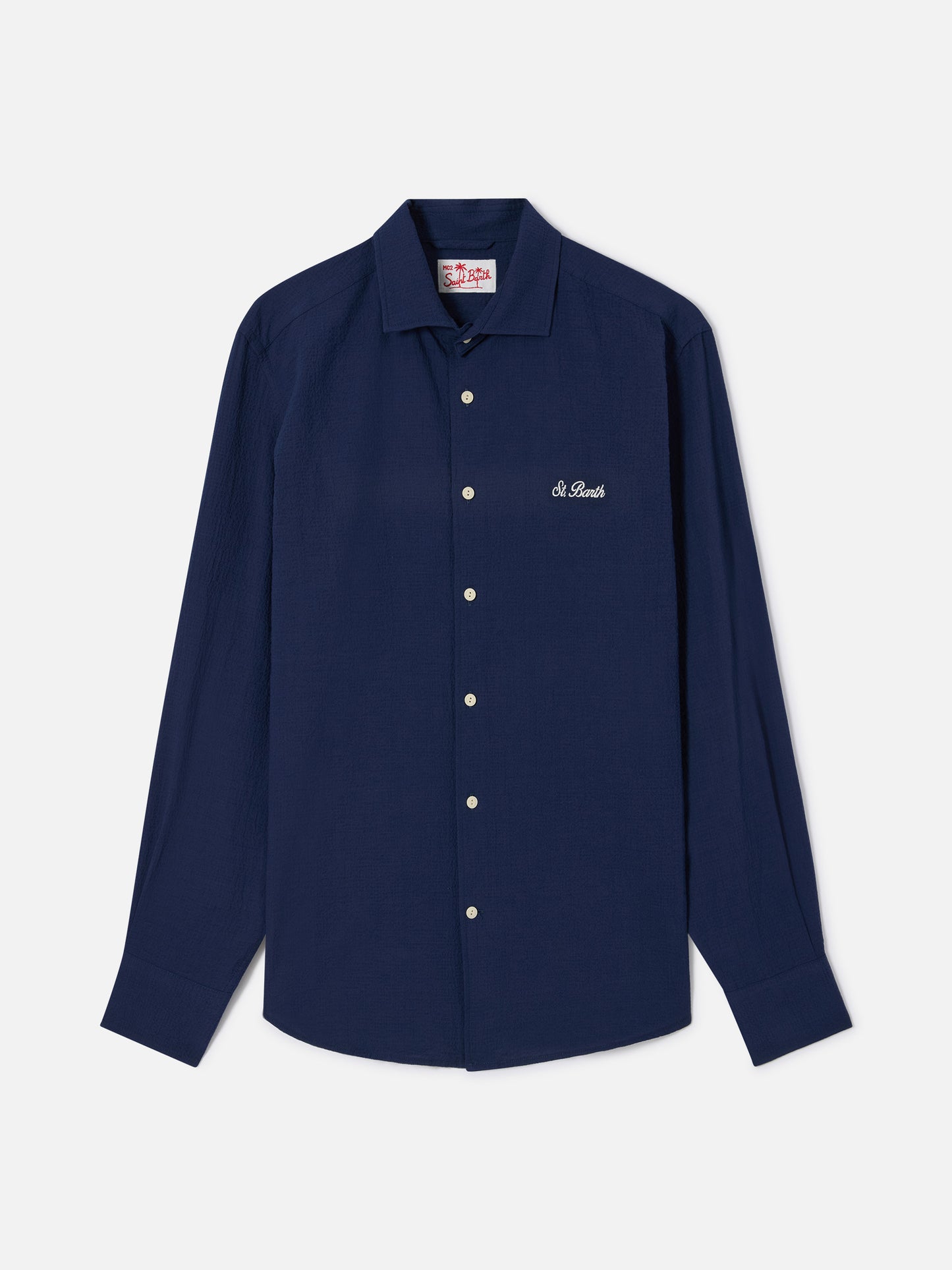 Camicia Pamplona in seersucker blu con ricamo