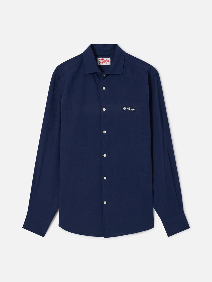 Camicia Pamplona in seersucker blu con ricamo