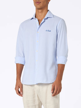 Man seersucker cotton shirt Pamplona with light blue stripes - MC2 Saint Barth