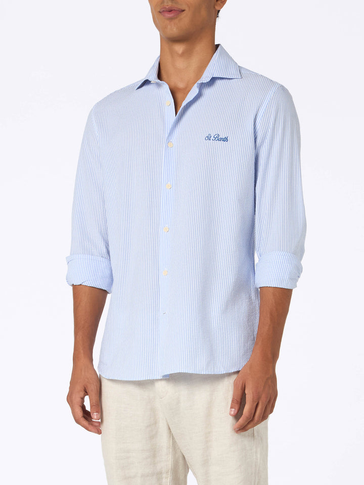 Man seersucker cotton shirt Pamplona with light blue stripes - MC2 Saint Barth
