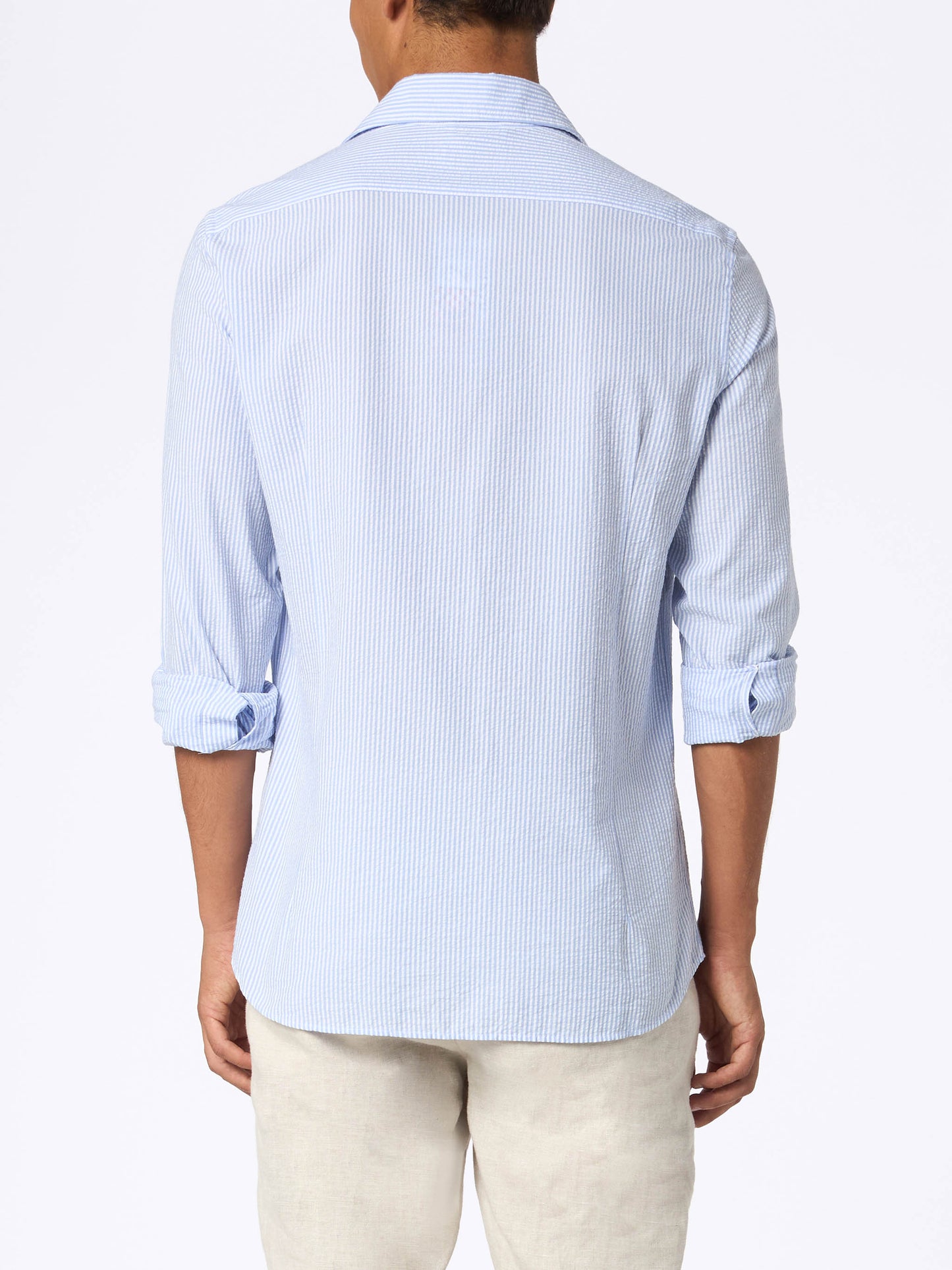 Man seersucker cotton shirt Pamplona with light blue stripes - MC2 Saint Barth