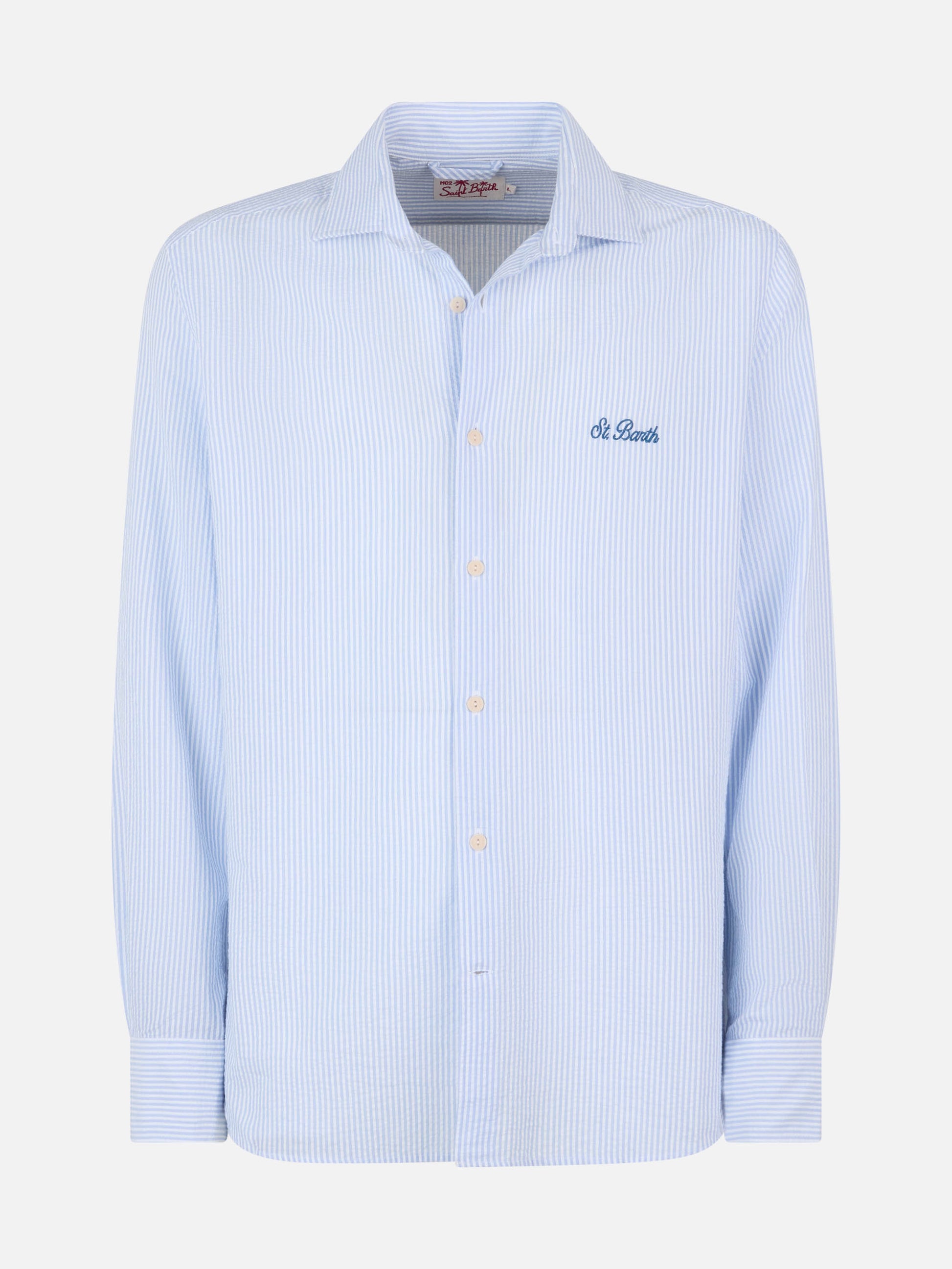 Man seersucker cotton shirt Pamplona with light blue stripes - MC2 Saint Barth
