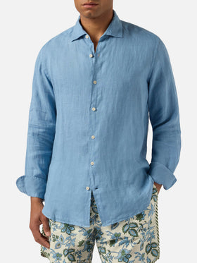 Camisa Pamplona azul empolvado en lino puro 