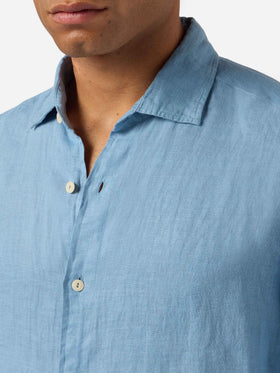 Camisa Pamplona azul empolvado en lino puro 