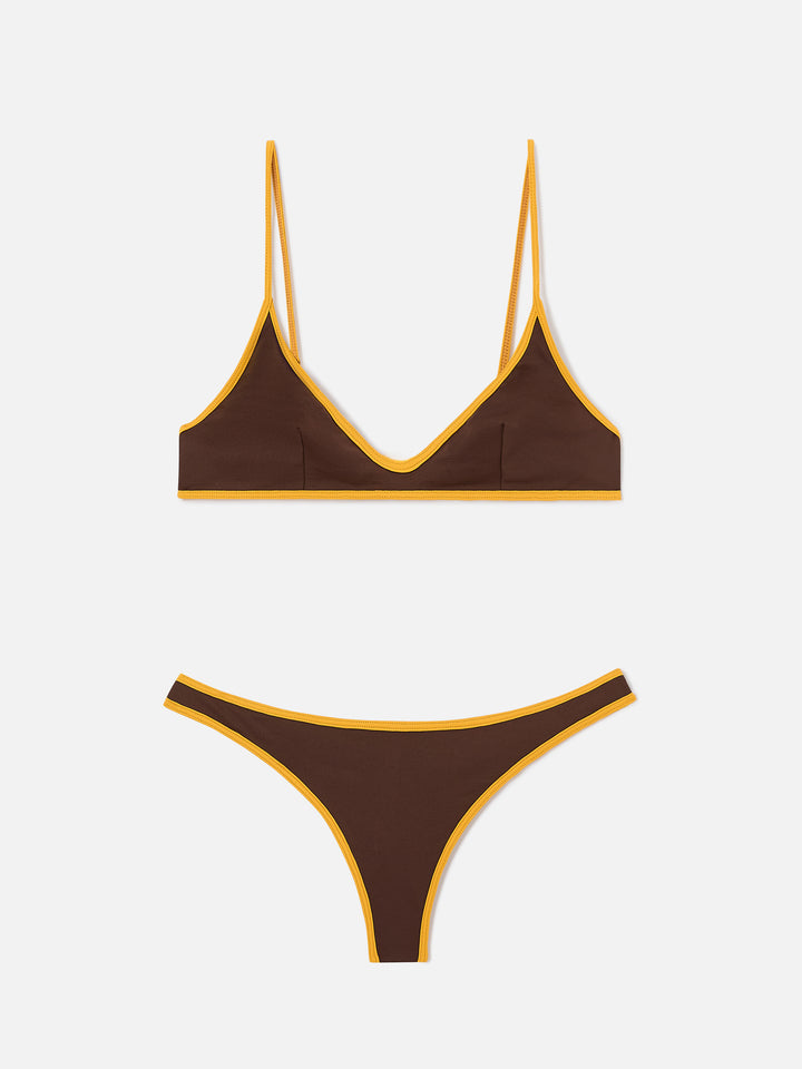 Panamy String brown bikini with yellow contrast trims