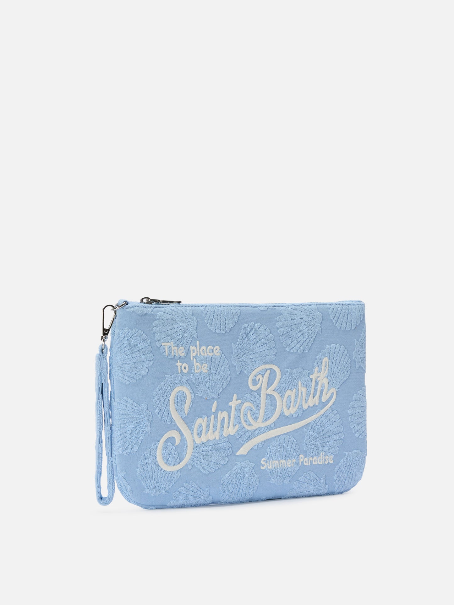 Parisienne Sponge terry-effect pouch with embossed shell pattern and removable strap