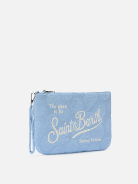 Parisienne Sponge terry-effect pouch with embossed shell pattern and removable strap