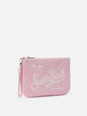 Parisienne Sponge terry-effect pouch with embossed leopard pattern and removable strap