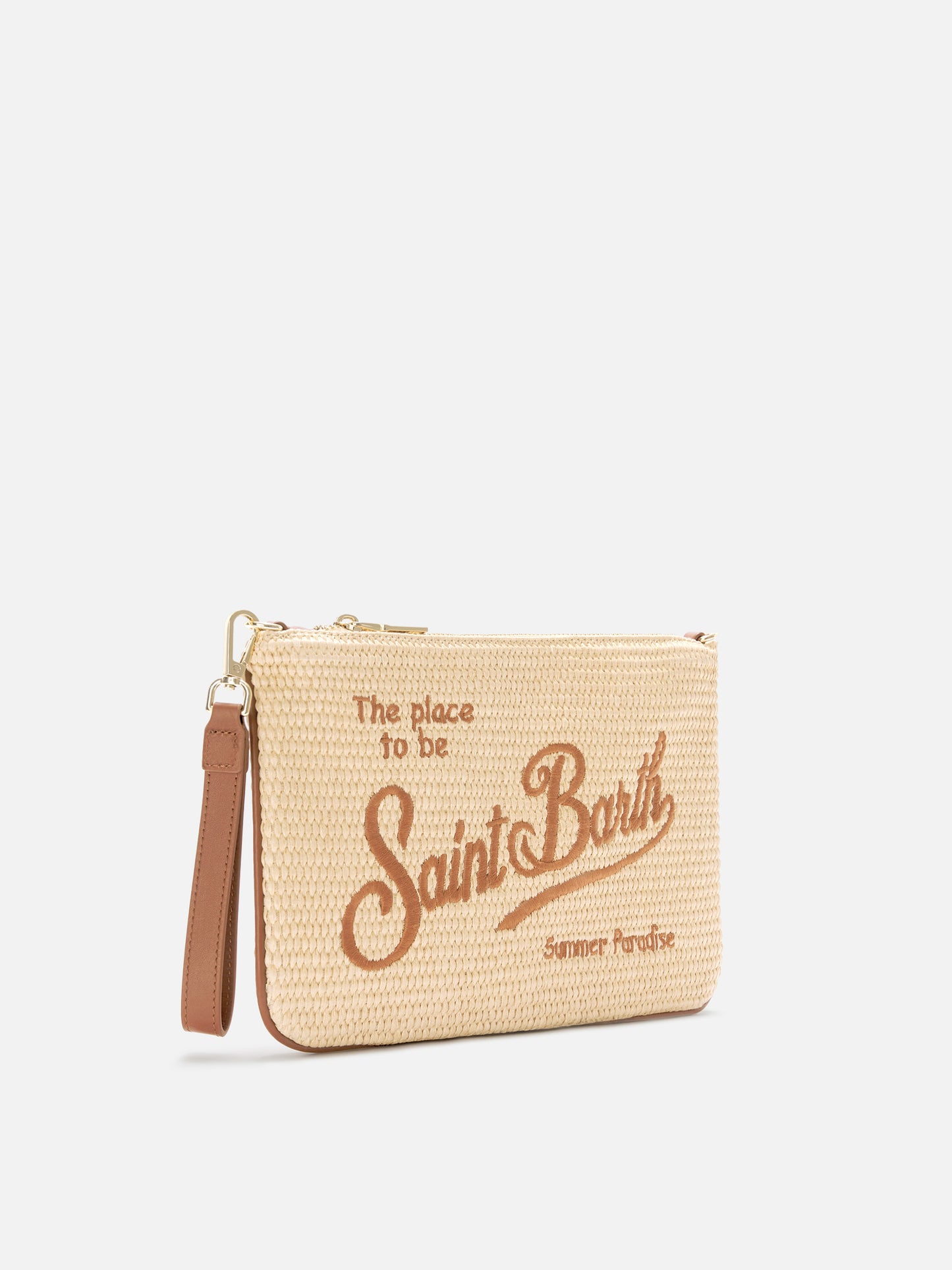 Pochette efecto paja Parisienne con logo marrón bordado y correa extraíble 