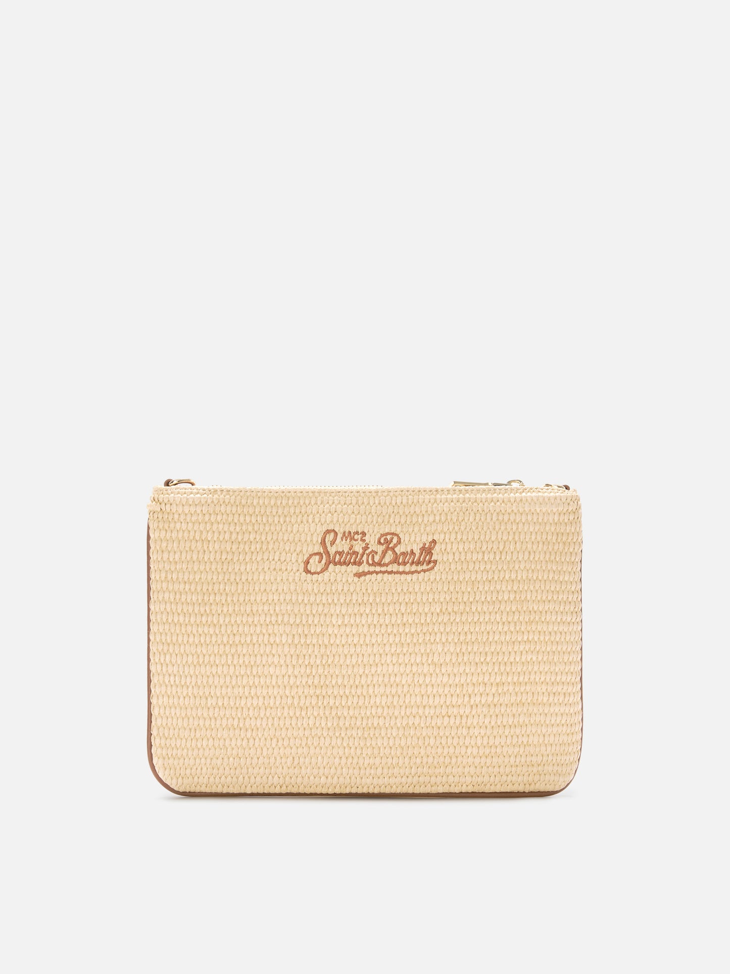 Pochette efecto paja Parisienne con logo marrón bordado y correa extraíble 