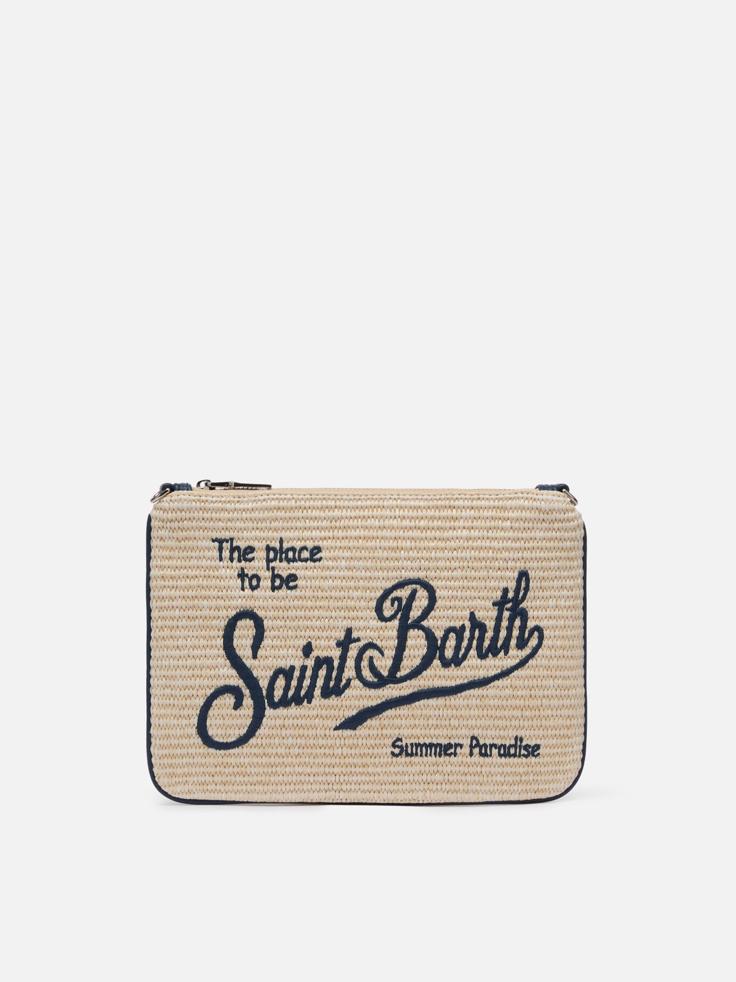 Parisienne Straw effect pouch bag with embroidered logo