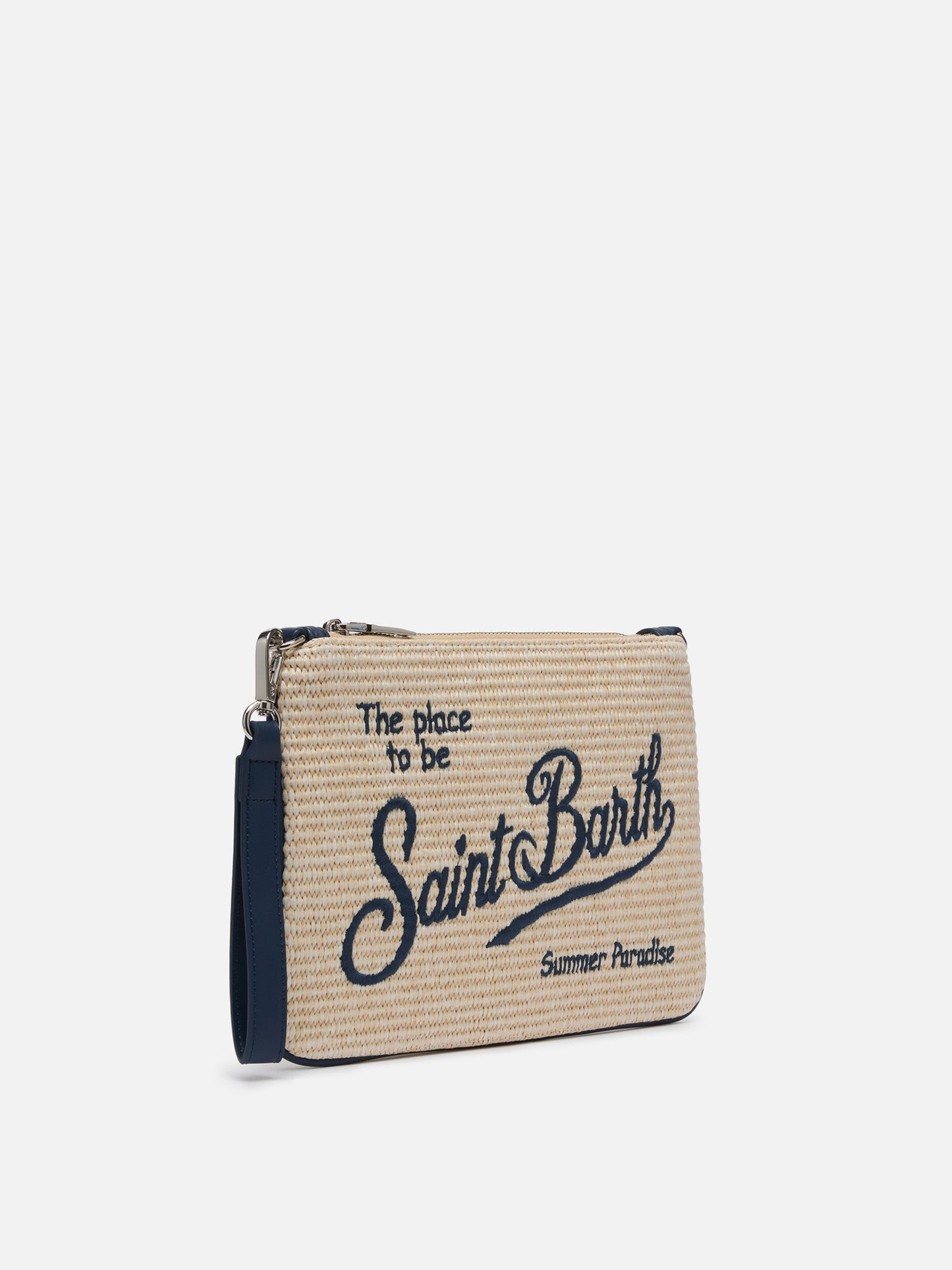 Parisienne Straw effect pouch bag with embroidered logo