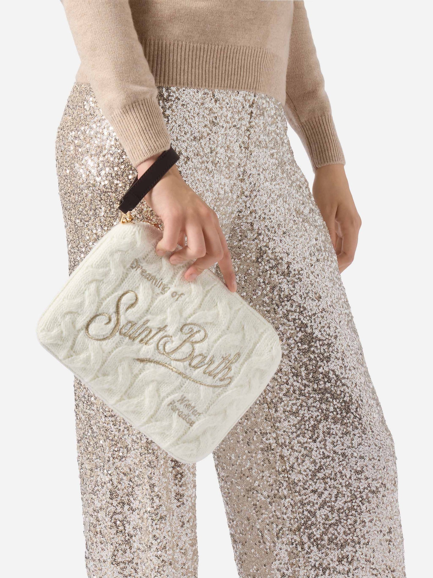 Borsa crossbody Parisienne Wool Braid in misto lana a trecce bianca