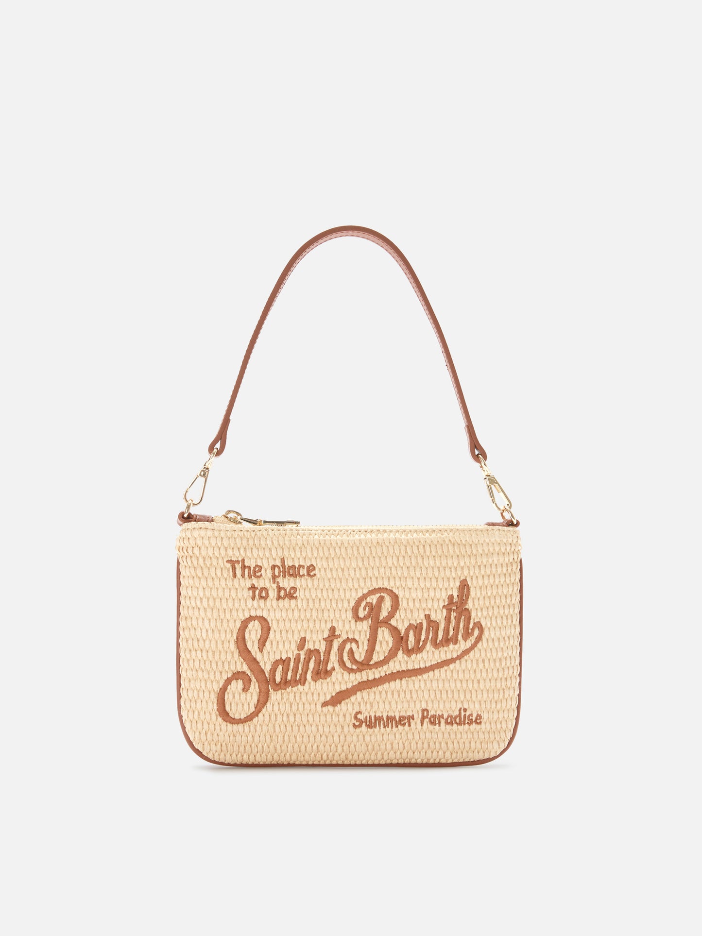 Pouch Mini Parisienne efecto paja con bordado del logo marrón 