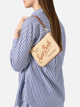 Pouch Mini Parisienne efecto paja con bordado del logo marrón 