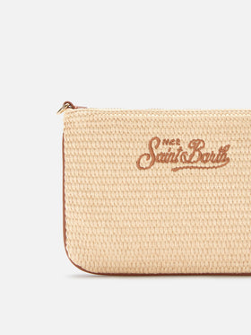 Pouch Mini Parisienne efecto paja con bordado del logo marrón 