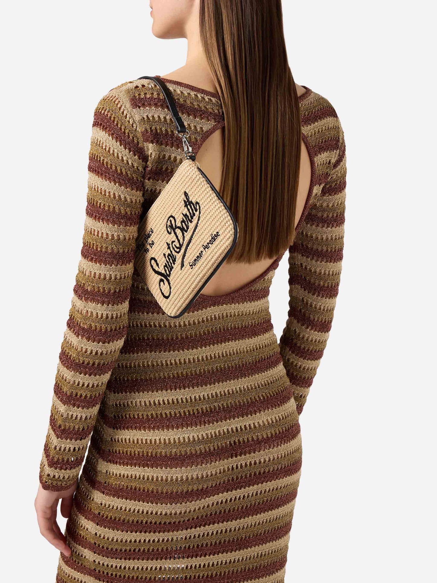Mini Parisienne straw-effect pouch with black logo embroidery