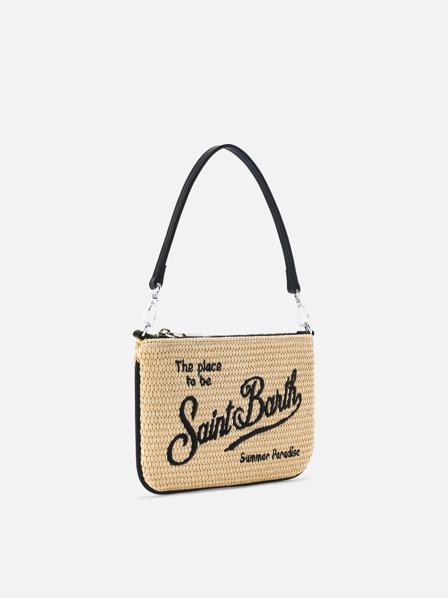 Mini Parisienne straw-effect pouch with black logo embroidery