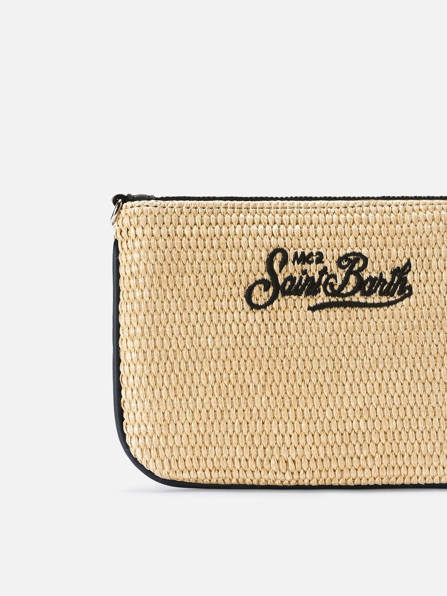 Mini Parisienne straw-effect pouch with black logo embroidery
