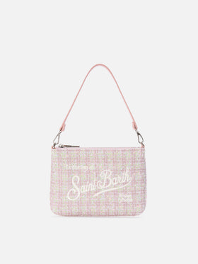 Bolso de hombro mini Parisienne de tweed rosa con bordado del logo 