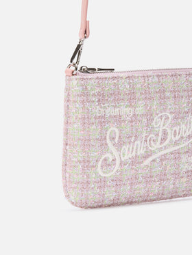 Bolso de hombro mini Parisienne de tweed rosa con bordado del logo 