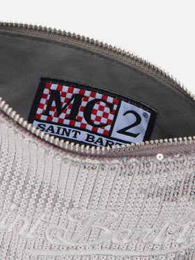 Parisienne Mini-Schultertasche aus grauem Samt mit Pailletten