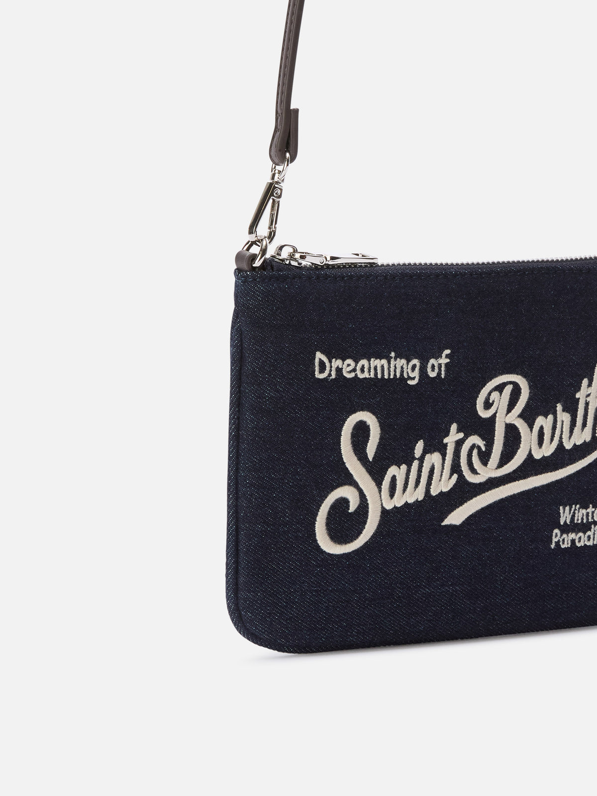 Blue Mini Parisienne denim shoulder bag with logo embroidery