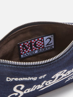 Blue Mini Parisienne denim shoulder bag with logo embroidery