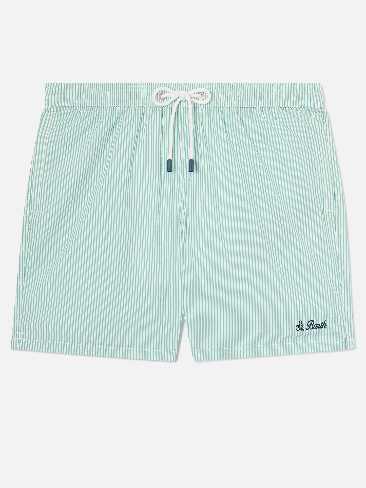 Bañador shorts de seersucker a rayas Patmos en verde salvia y blanco 