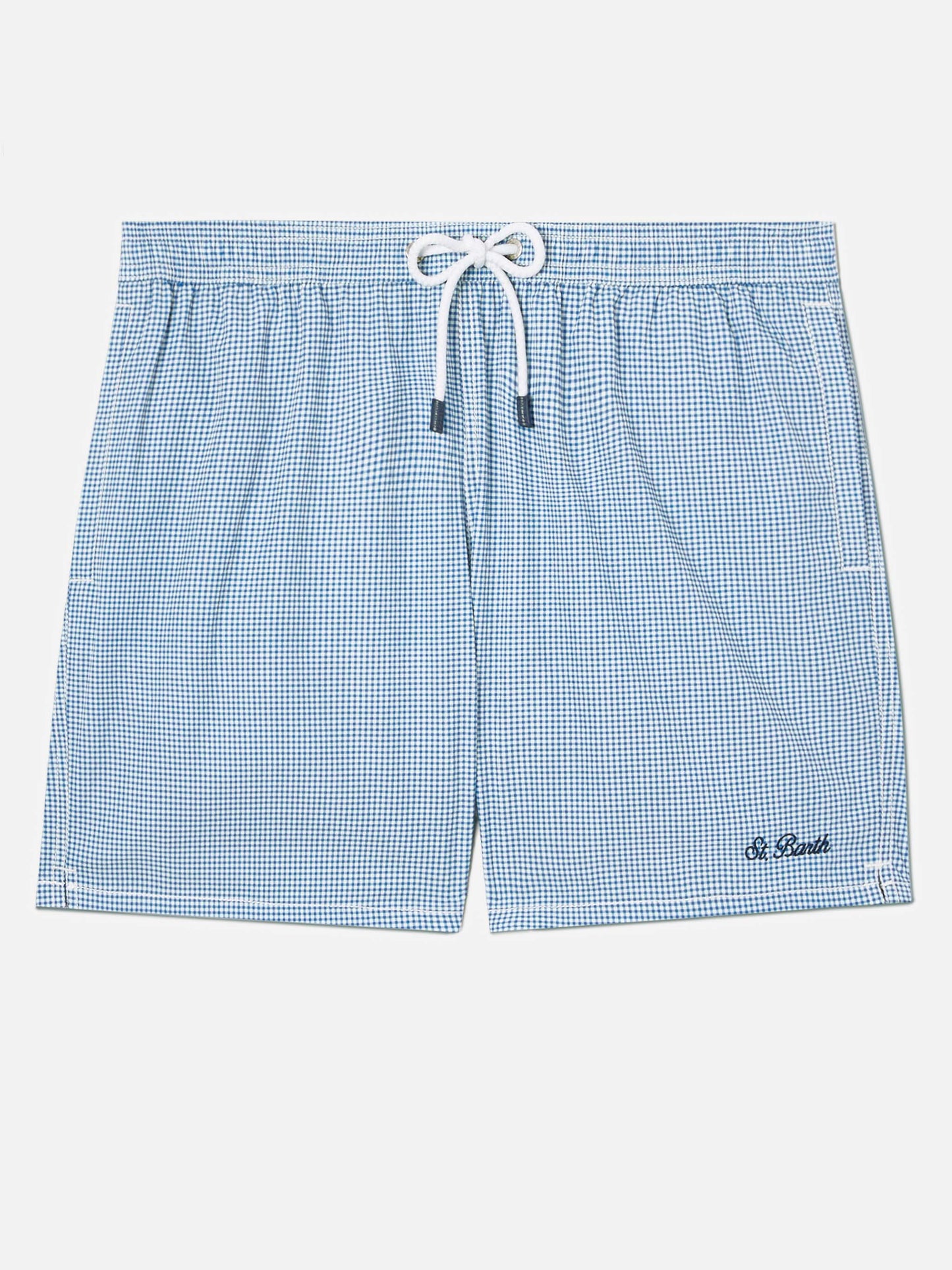 Patmos seersucker gingham swim shorts in blue and white