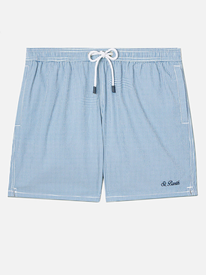Patmos seersucker gingham swim shorts in blue and white