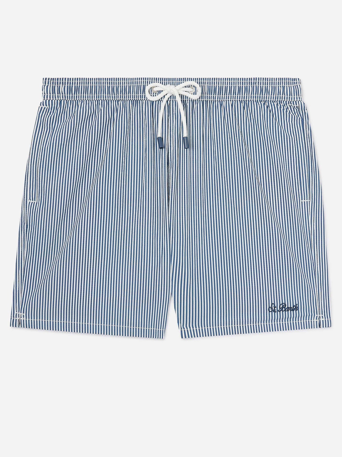 Costume mare Patmos in seersucker rigato blu navy e bianco