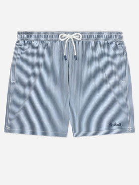Costume mare Patmos in seersucker rigato blu navy e bianco