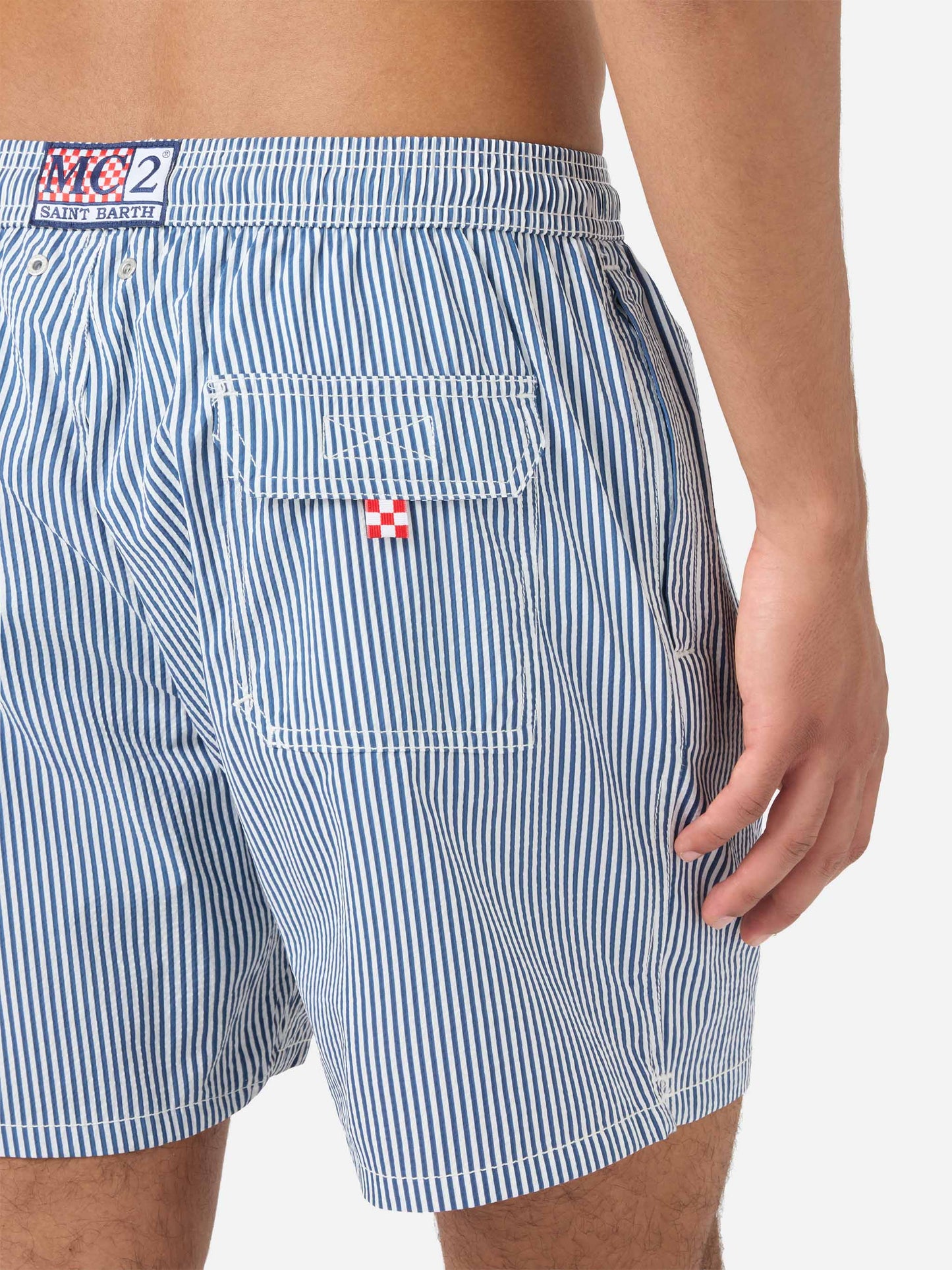 Patmos seersucker striped swim shorts in navy blue and white