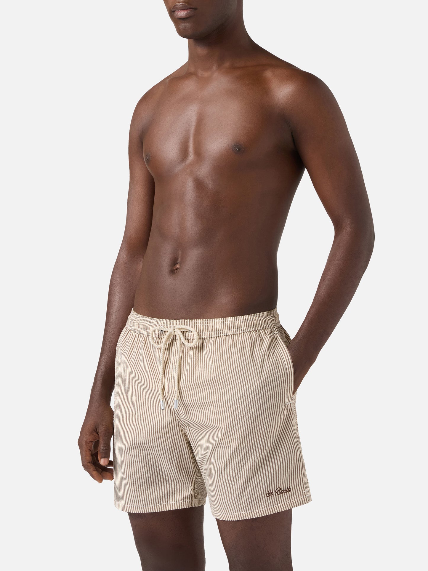 Patmos seersucker striped swim shorts in brown and white