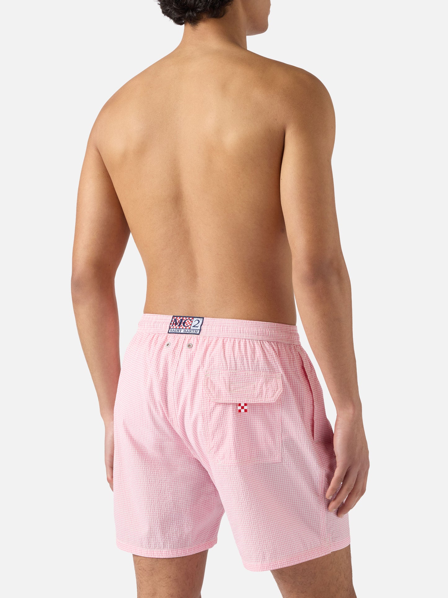 Patmos seersucker gingham swim shorts in pink and white