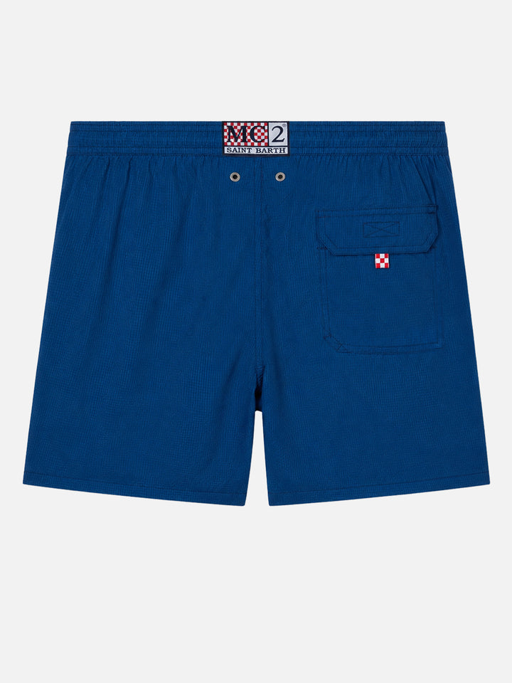 Costume classico leggero Patmos in seersucker a righe blu navy