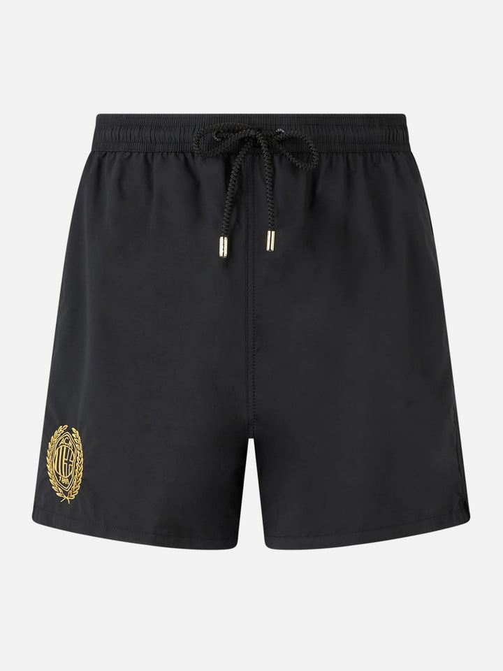 Schwarze, klassische, leichte Badehose Patmos mit Milan 125-Stickerei | AC MILAN 125 SPECIAL EDITION
