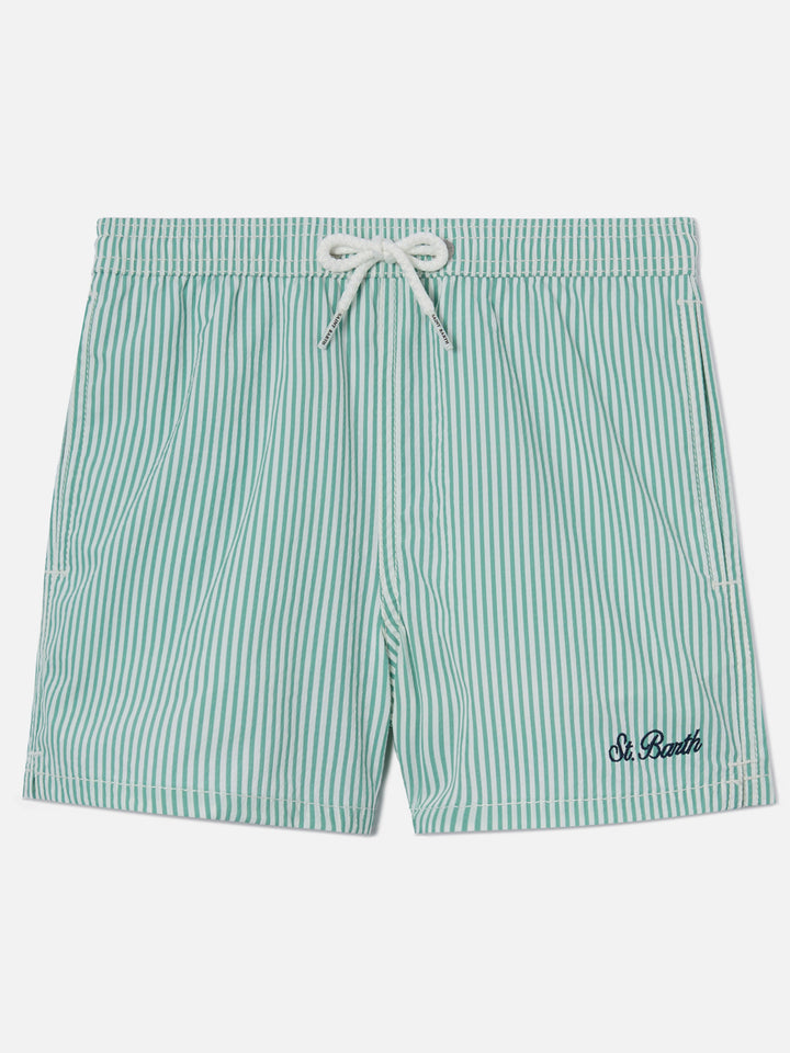 Patmos Jr seersucker swim shorts striped with St. Barth embroidery